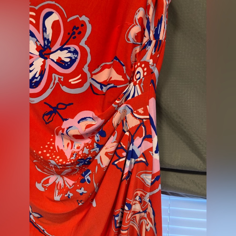 Chaps Bright Orange Midi Floral Dress w Side Ruching, Size Large - Picture 11 of 12